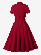 Vintage Dresses 1950s Vintage Swing Dress Bow Tie Collar Short Sleeve Tea Party Dress