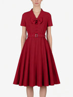 Vintage Dresses 1950s Vintage Swing Dress Bow Tie Collar Short Sleeve Tea Party Dress