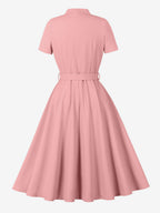 Vintage Dresses 1950s Vintage Swing Dress Bow Tie Collar Short Sleeve Tea Party Dress