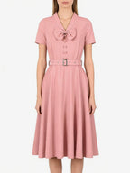 Vintage Dresses 1950s Vintage Swing Dress Bow Tie Collar Short Sleeve Tea Party Dress