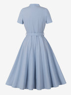 Vintage Dresses 1950s Vintage Swing Dress Bow Tie Collar Short Sleeve Tea Party Dress