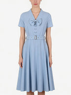 Vintage Dresses 1950s Vintage Swing Dress Bow Tie Collar Short Sleeve Tea Party Dress