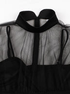 Vintage Dresses Women's Burgundy Tulle Midi Dress Sheer Long Sleeve Bow Neck Fit And Flare Dress