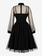Vintage Dresses Women's Burgundy Tulle Midi Dress Sheer Long Sleeve Bow Neck Fit And Flare Dress