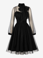 Vintage Dresses Women's Burgundy Tulle Midi Dress Sheer Long Sleeve Bow Neck Fit And Flare Dress