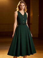 Daily Dresses Women's Sleeveless V Neck Belted Midi Dress Button Front A-Line Flare Dress