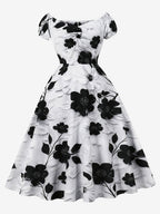 Vintage Floral Midi Dress Black And White A-Line Swing Dress Elegant Party Dress