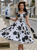 Vintage Floral Midi Dress Black And White A-Line Swing Dress Elegant Party Dress