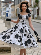 Vintage Floral Midi Dress Black And White A-Line Swing Dress Elegant Party Dress