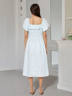 Daily Dresses Floral Print Square Neck Short Sleeves Backless Sweet Summer Long Dress