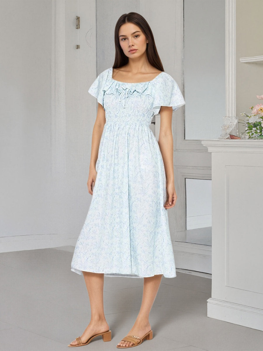 Daily Dresses Floral Print Square Neck Short Sleeves Backless Sweet Summer Long Dress