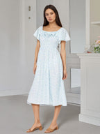 Daily Dresses Floral Print Square Neck Short Sleeves Backless Sweet Summer Long Dress