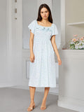 Daily Dresses Floral Print Square Neck Short Sleeves Backless Sweet Summer Long Dress