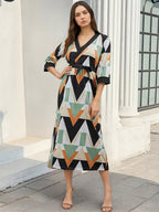 Vacation Dresses Geometric Print Midi Dress V Neck Wrap 3/4 Sleeve Waist Long Dress