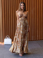 Vacation Dresses Halter Tube Top Cutout Waist Paisley Print Flowy Party Maxi Dress