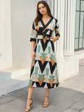 Vacation Dresses Geometric Print Midi Dress V Neck Wrap 3/4 Sleeve Waist Long Dress