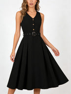 Daily Dresses Women's Sleeveless V Neck Belted Midi Dress Button Front A-Line Flare Dress
