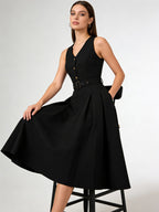 Daily Dresses Women's Sleeveless V Neck Belted Midi Dress Button Front A-Line Flare Dress