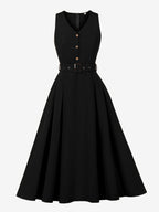 Daily Dresses Women's Sleeveless V Neck Belted Midi Dress Button Front A-Line Flare Dress