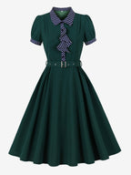 Vintage Dress Women's 1950s Swing Dress Polka Dot Collar Bow Tie Tea Party Midi Dress