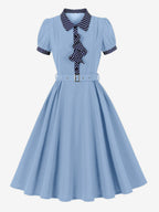 Vintage Dress Women's 1950s Swing Dress Polka Dot Collar Bow Tie Tea Party Midi Dress