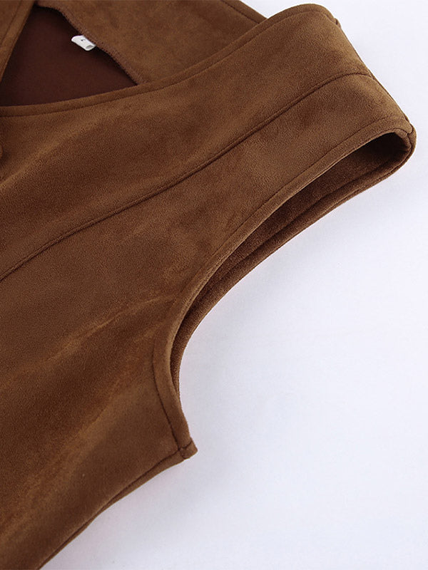 Khaki Cami Top V-Neck Chic Clothes Suede Women Camis