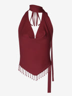 Burgundy Cami Top Straps Neck Fringe Open Shoulder Sexy Women Camis