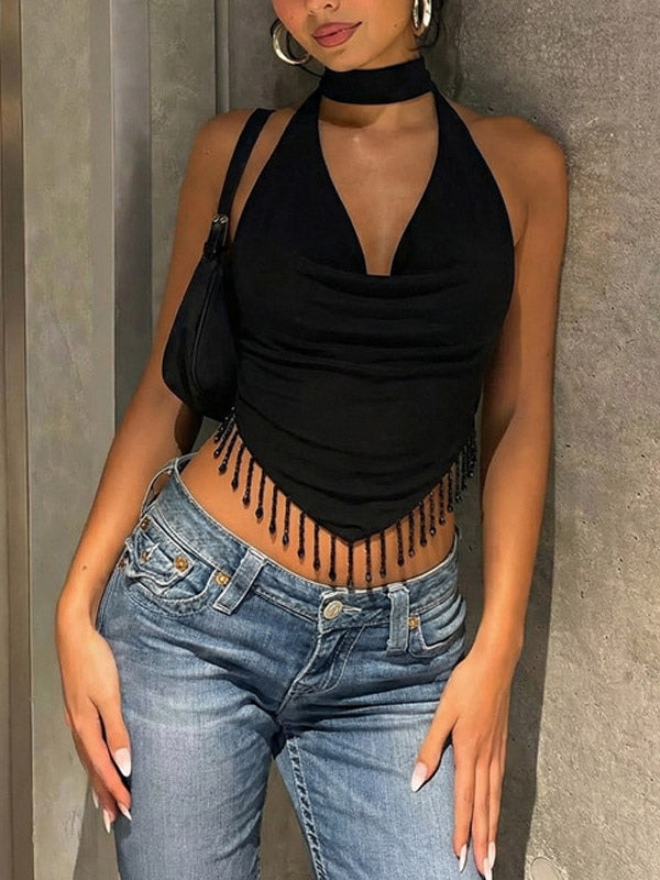 Burgundy Cami Top Straps Neck Fringe Open Shoulder Sexy Women Camis