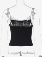 Cami Top Contrast Eyelash Lace Square Neck Spaghetti Strap Crop Cami Top