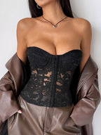 Corset Tops Yellow Chic Strapless Slim Fit Lace Up Embroidered Tops