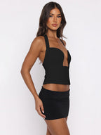Crop Cami Tank Top Heart Plunge Halter Tie Back Slim Crop Cami Streetwear Top