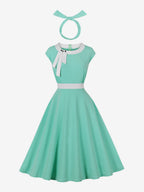 Vintage Swing Dress Women's 1950s Contrast Trim Bow Neck Tea Party Dress