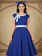 Vintage Swing Dress Women's 1950s Contrast Trim Bow Neck Tea Party Dress