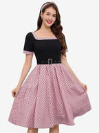 Vintage Swing Dress 1950s Contrast Polka Dot Dress Square Neck Tea Party Dress