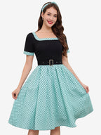 Vintage Swing Dress 1950s Contrast Polka Dot Dress Square Neck Tea Party Dress