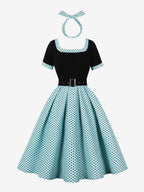 Vintage Swing Dress 1950s Contrast Polka Dot Dress Square Neck Tea Party Dress