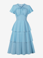 Vintage Dress Women's Elegant Tiered Midi Dress Short Flutter Sleeve Tie Front Fit And Flare Dress