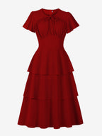 Vintage Dress Women's Elegant Tiered Midi Dress Short Flutter Sleeve Tie Front Fit And Flare Dress