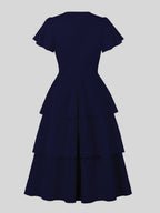 Vintage Dress Women's Elegant Tiered Midi Dress Short Flutter Sleeve Tie Front Fit And Flare Dress