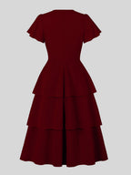 Vintage Dress Women's Elegant Tiered Midi Dress Short Flutter Sleeve Tie Front Fit And Flare Dress