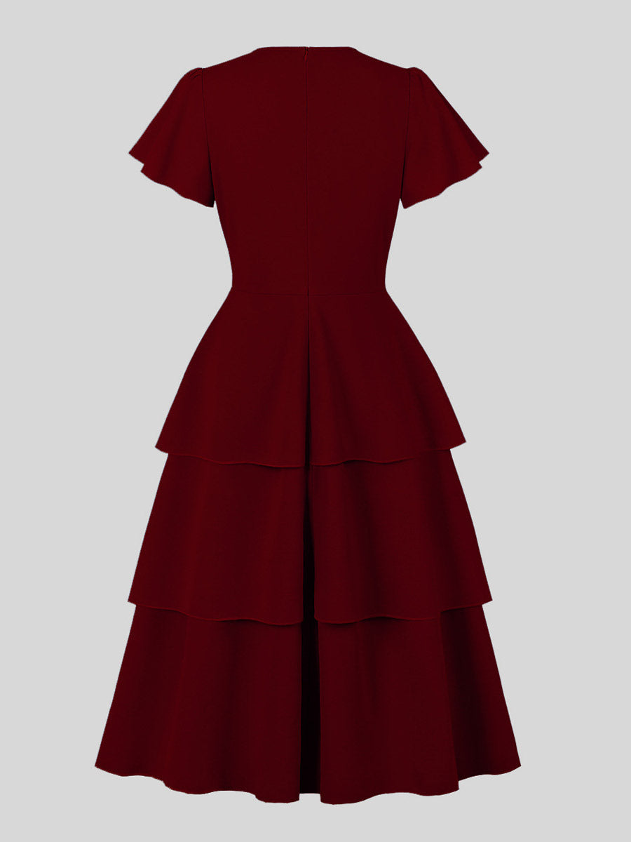 Vintage Dress Women's Elegant Tiered Midi Dress Short Flutter Sleeve Tie Front Fit And Flare Dress