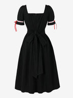 Vintage Dress Women's Puff Sleeve Midi Dress Square Neck Tie Front Fit And Flare Vintage Dress