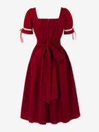 Vintage Dress Women's Puff Sleeve Midi Dress Square Neck Tie Front Fit And Flare Vintage Dress
