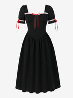 Vintage Dress Women's Puff Sleeve Midi Dress Square Neck Tie Front Fit And Flare Vintage Dress