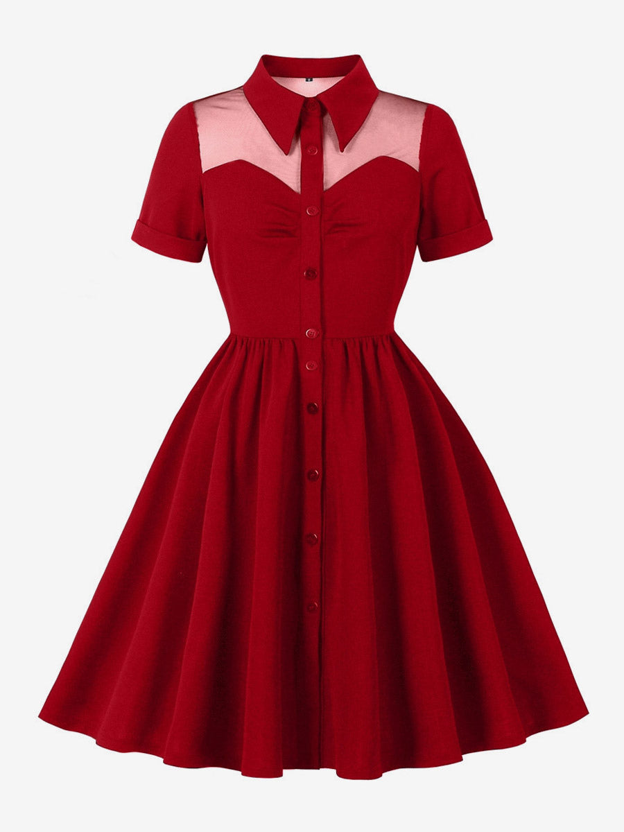 Women's 1950s Vintage Swing Dress Mesh Contrast Collar Button Front Midi Dress