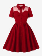 Women's 1950s Vintage Swing Dress Mesh Contrast Collar Button Front Midi Dress
