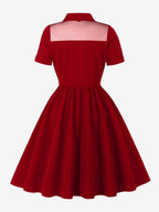 Women's 1950s Vintage Swing Dress Mesh Contrast Collar Button Front Midi Dress