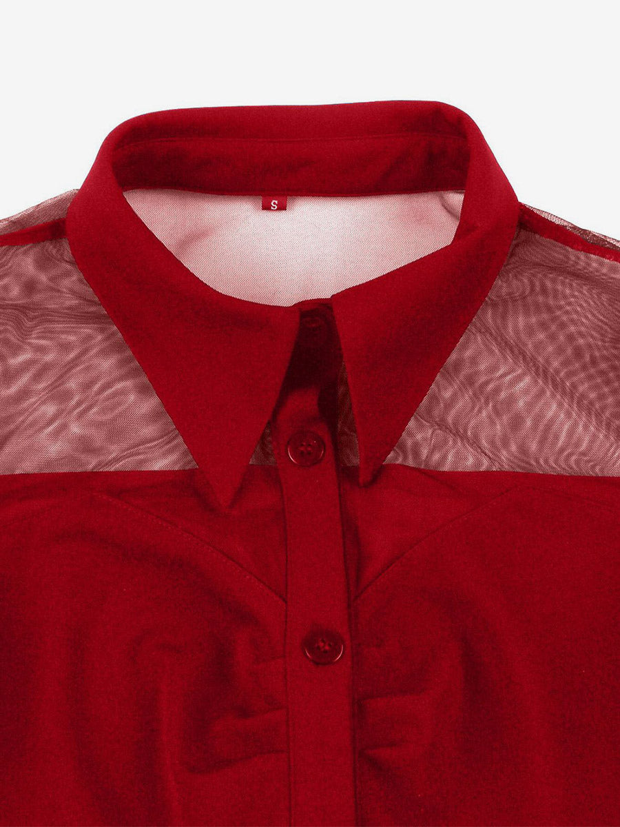 Women's 1950s Vintage Swing Dress Mesh Contrast Collar Button Front Midi Dress