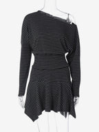Skirt Set Gray Stripes Dating Long Sleeves Stripes Two Piece Sets