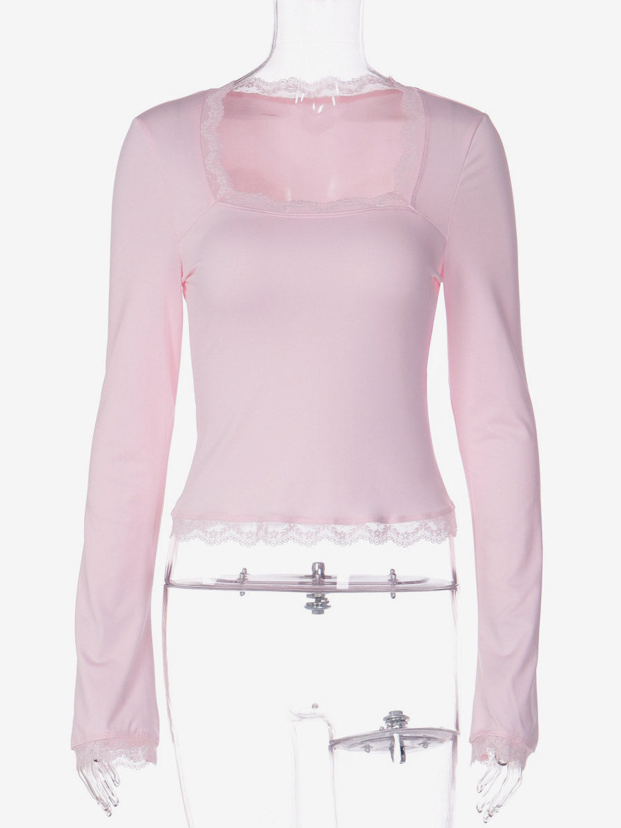 Lace Edge Square Neck Flare Sleeve Slim Basic Long Sleeve Top